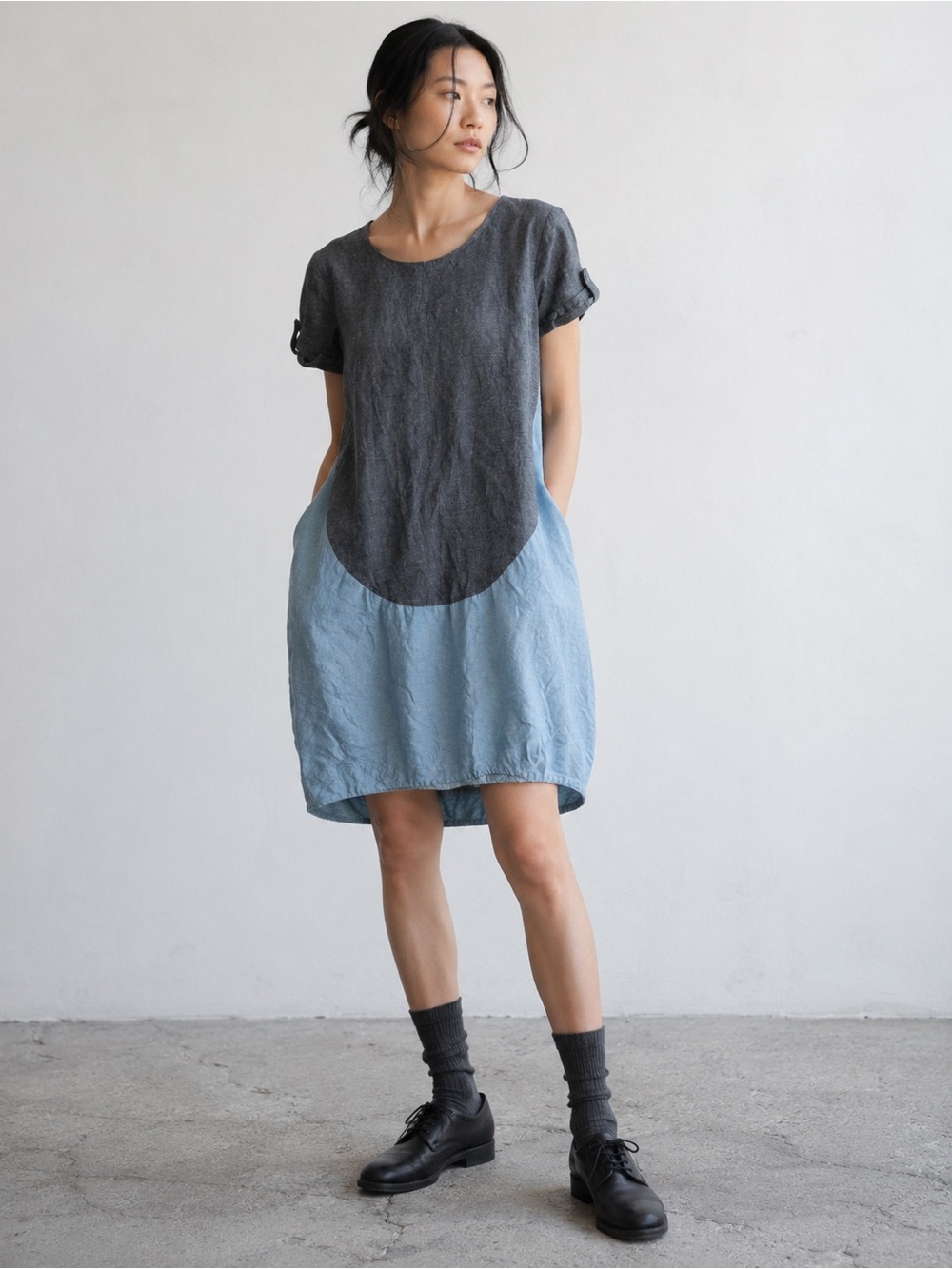 Atsuro Tayama Colorblock Linen Cotton Balloon Dress Chambray Blue Grey Size US6